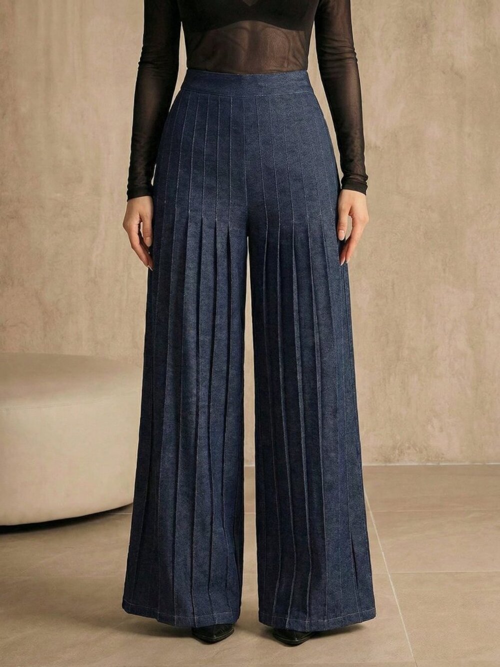 Blue Casual Women's Elegant Pleated Wide Leg Pants - Picture 4 of 7